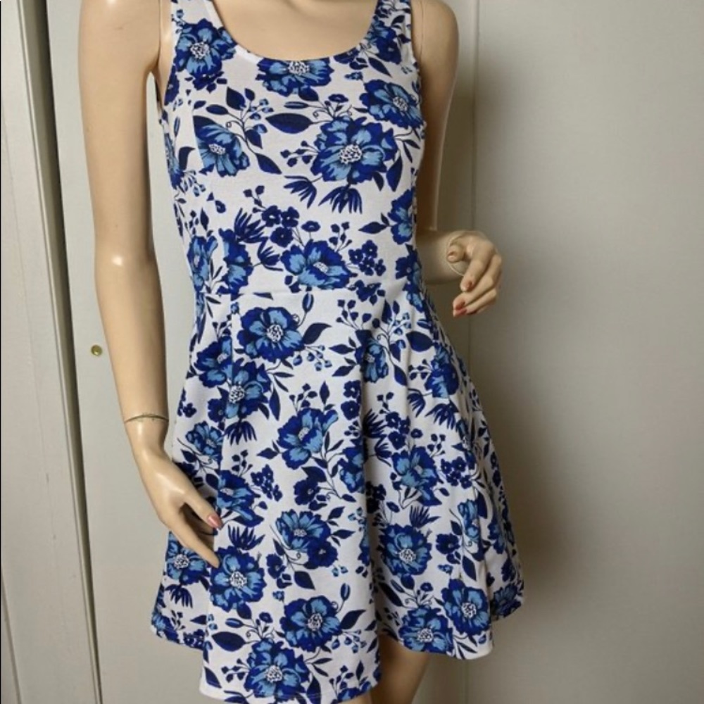 Skater Dress, White and Blue Floral Pattern